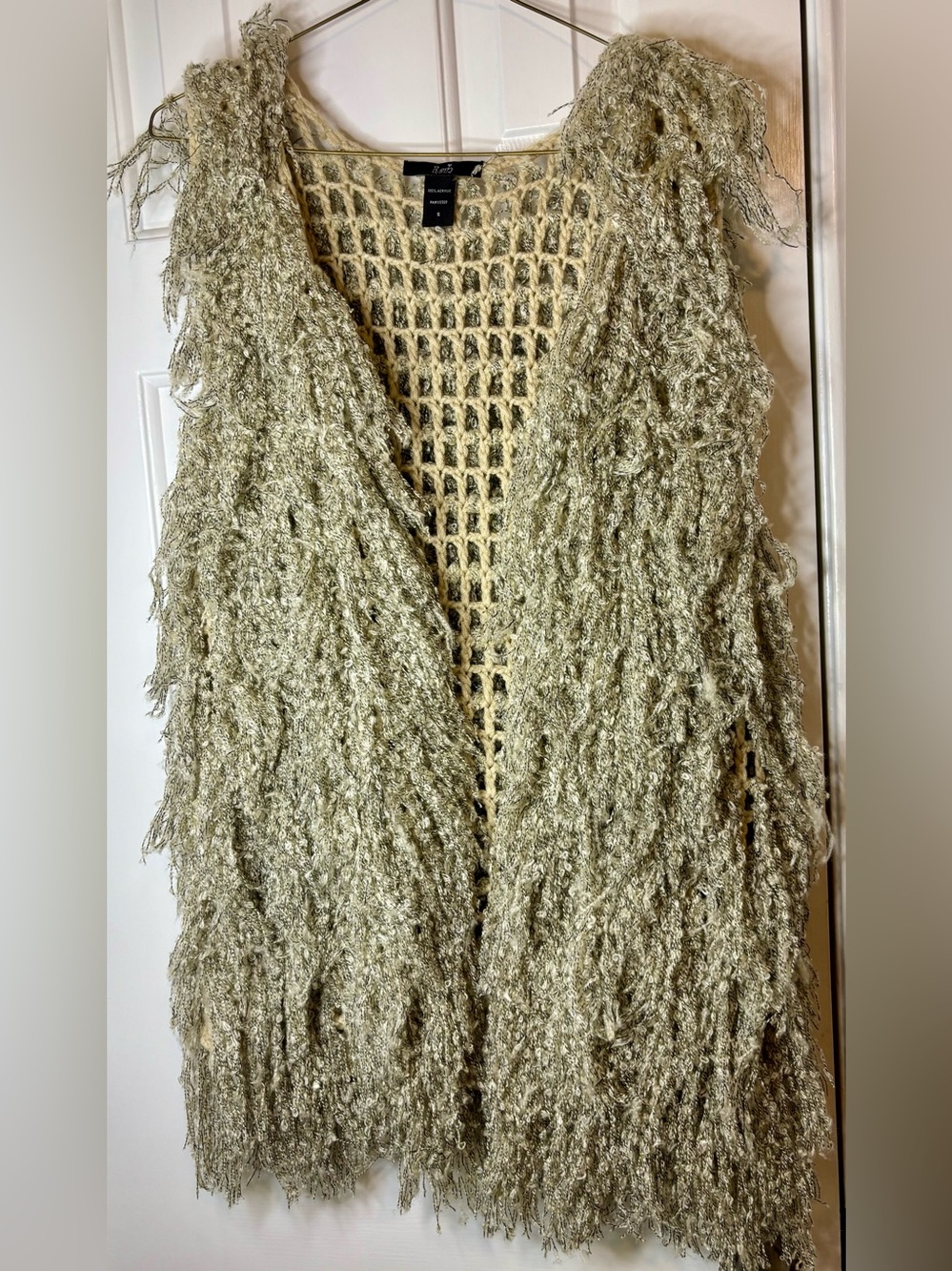 Rain brand Fringed Open-Weave Knit Vest in cream/grey